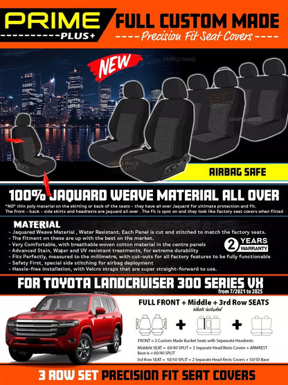 PRIME PLUS Seat Covers 3 Rows Black For Toyota Landcruiser 300 Series VX 7/2021-2025