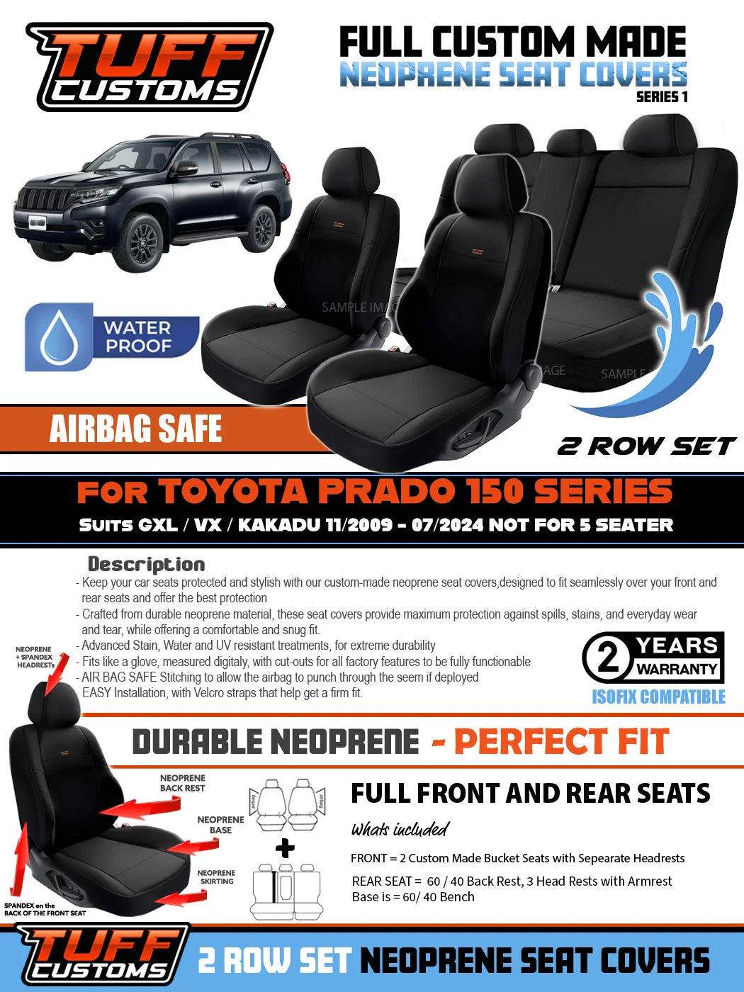 TUFF Customs S1 Neoprene Seat Covers For Toyota Prado 150 GXL VX 2009-5/2021 2 Rows Black