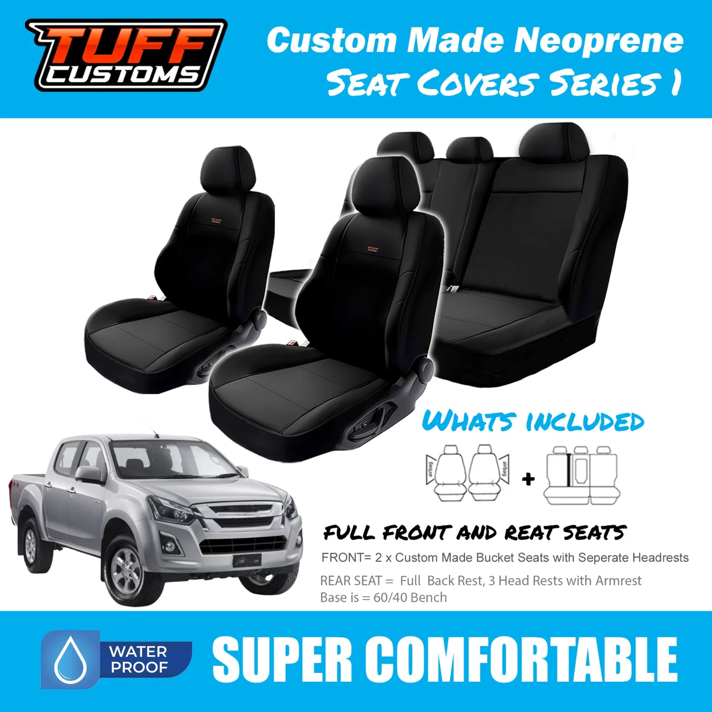 TUFF Customs S1 Neoprene Seat Covers 2 Rows For Isuzu D-MAX Dual Cab LS-U LS-M 2012-2021