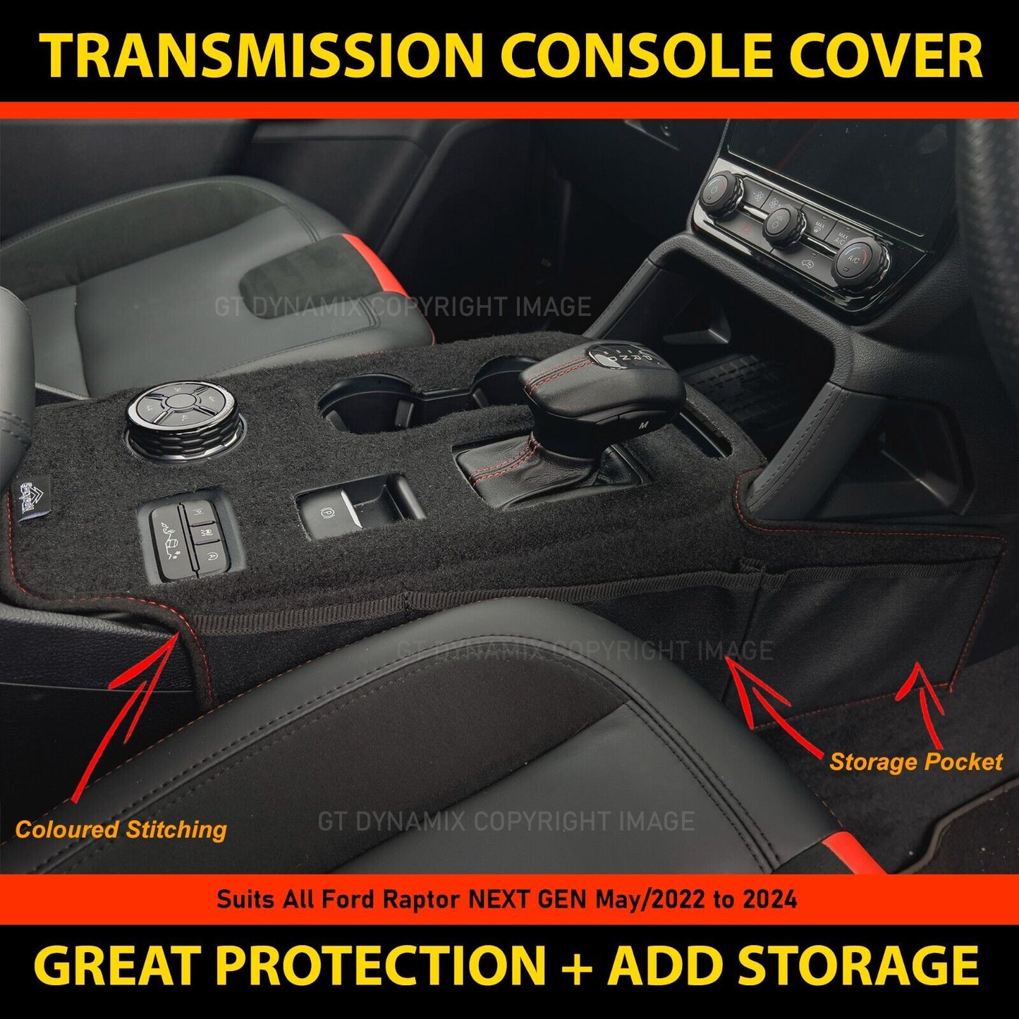 Shevron Transmission Console Cover + Red Stitching For Ford Ranger Wildtrak Sport Small Gear Selector 5/2022-2024
