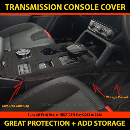 Shevron Transmission Console Cover + Red Stitching For Ford Ranger Wildtrak Sport Small Gear Selector 5/2022-2024