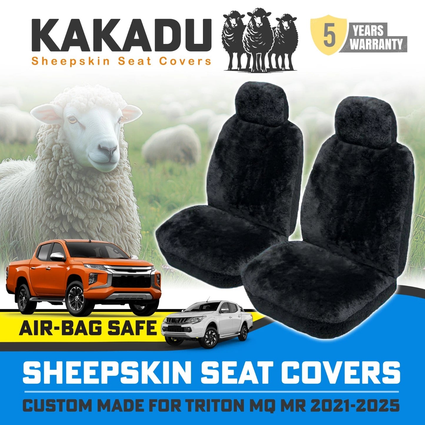 BLACK Custom KAKADU Sheepskin Seat Covers Mitsubishi Triton MQ MR EXCEED Premium 2015-2023