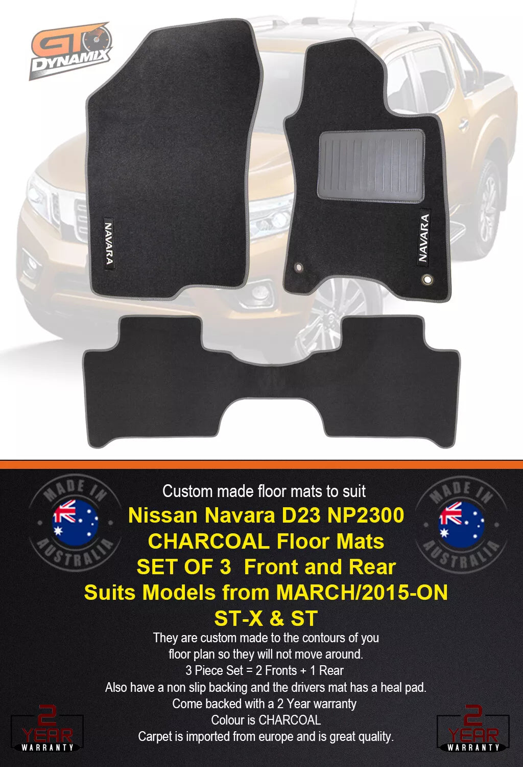 Custom Made Floor Mats 2 Rows For Nissan Navara D23 NP300 ST-X ST 3/2015-2024 CHARC