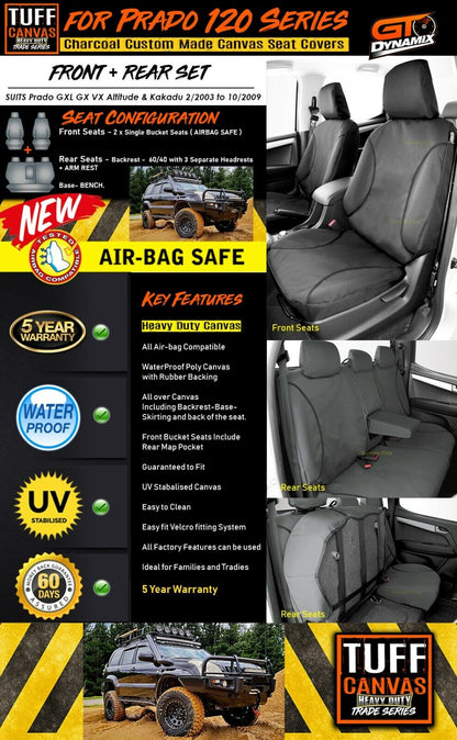 TUFF HD TRADE Canvas Seat Covers 2 Rows For Toyota Prado 120 GX GXL Grande 2003-2009 Charcoal