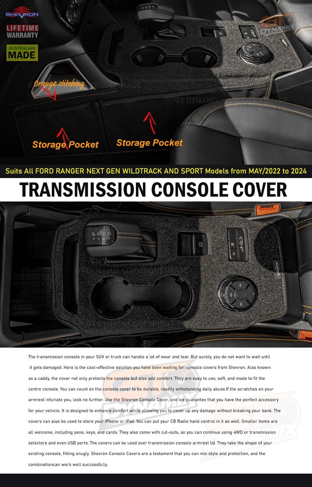 Shevron Transmission Console Cover + Orange Stitching For Ford Ranger Wildtrak Sport Small Gear Selector 5/2022-2024