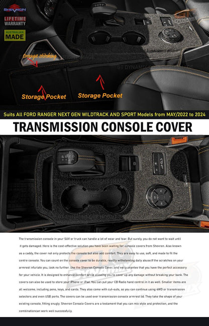 Shevron Transmission Console Cover + Orange Stitching For Ford Ranger Wildtrak Sport Small Gear Selector 5/2022-2024