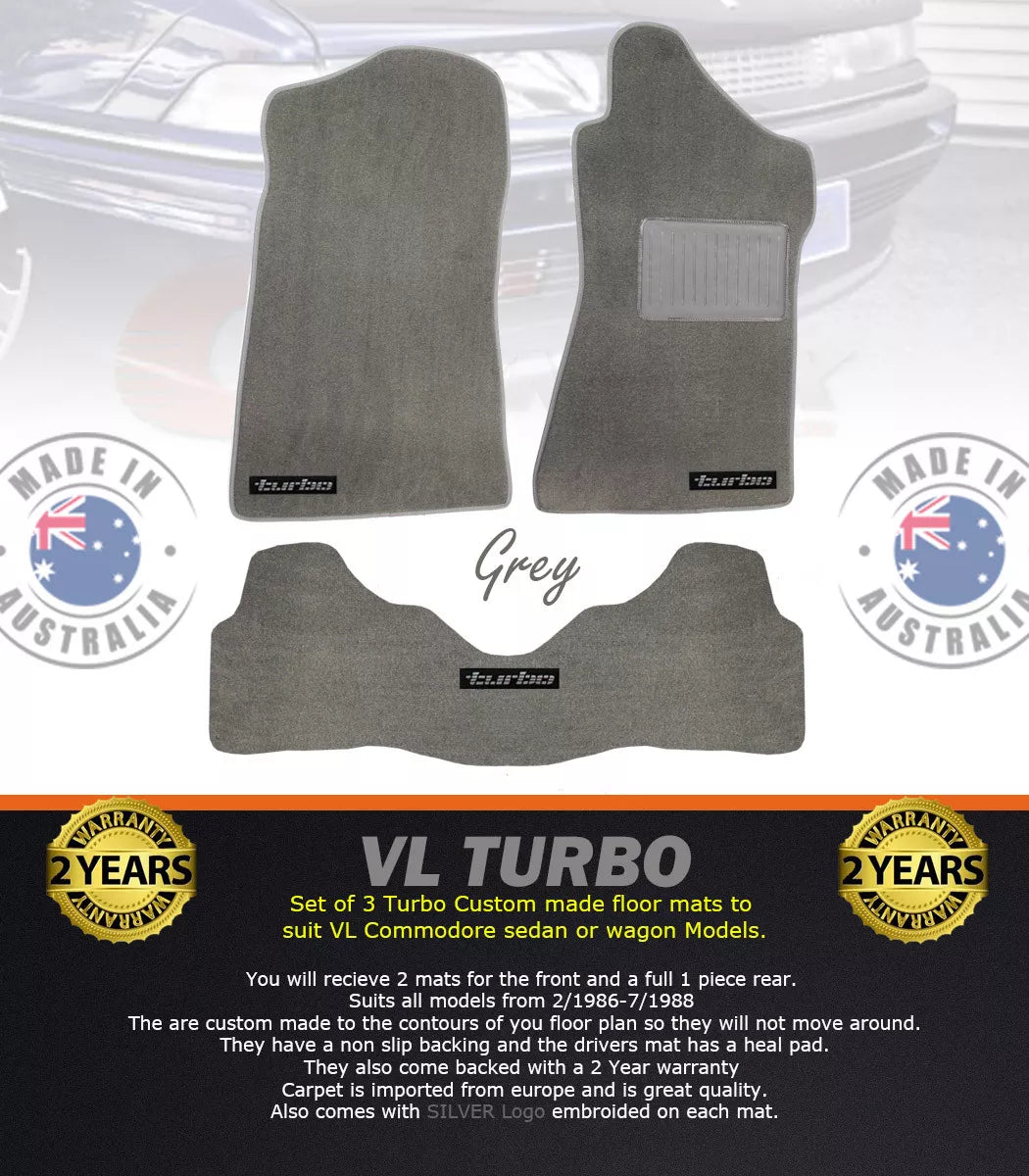 Custom Made Floor Mats Set of 3 GREY with Silver badge VL TURBO Calais BT1 SL