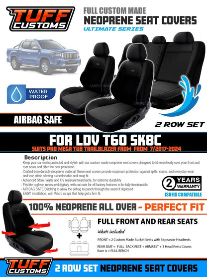 Tuff Customs Neoprene Seat Covers 2 Rows For LDV T60 SK8C Pro Trailrider Megatub 7/2017-2024
