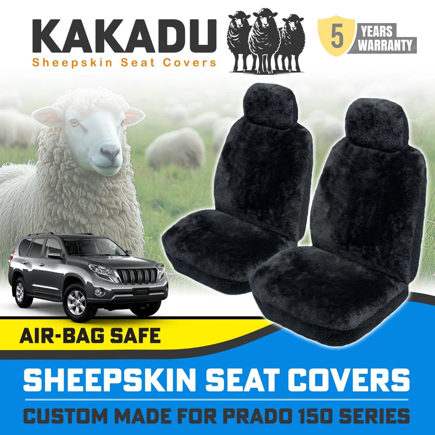 Custom made KAKADU Sheepskin Seat Covers for Toyota Prado 150 GX GXL 2009-5/2021 Charcoal