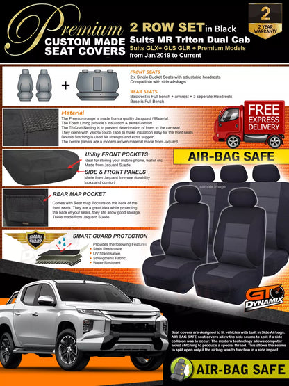 Premium Seat Covers 2 Rows Black For Mitsubishi Triton MQ MR GLX GLS GLX+ 2015-2023