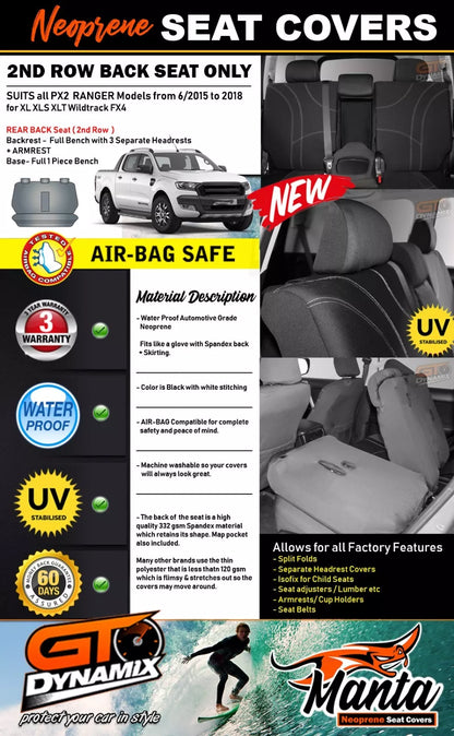 Manta Neoprene Rear Seat Covers For FORD PX2 PX3 RANGER 6/2015-2022