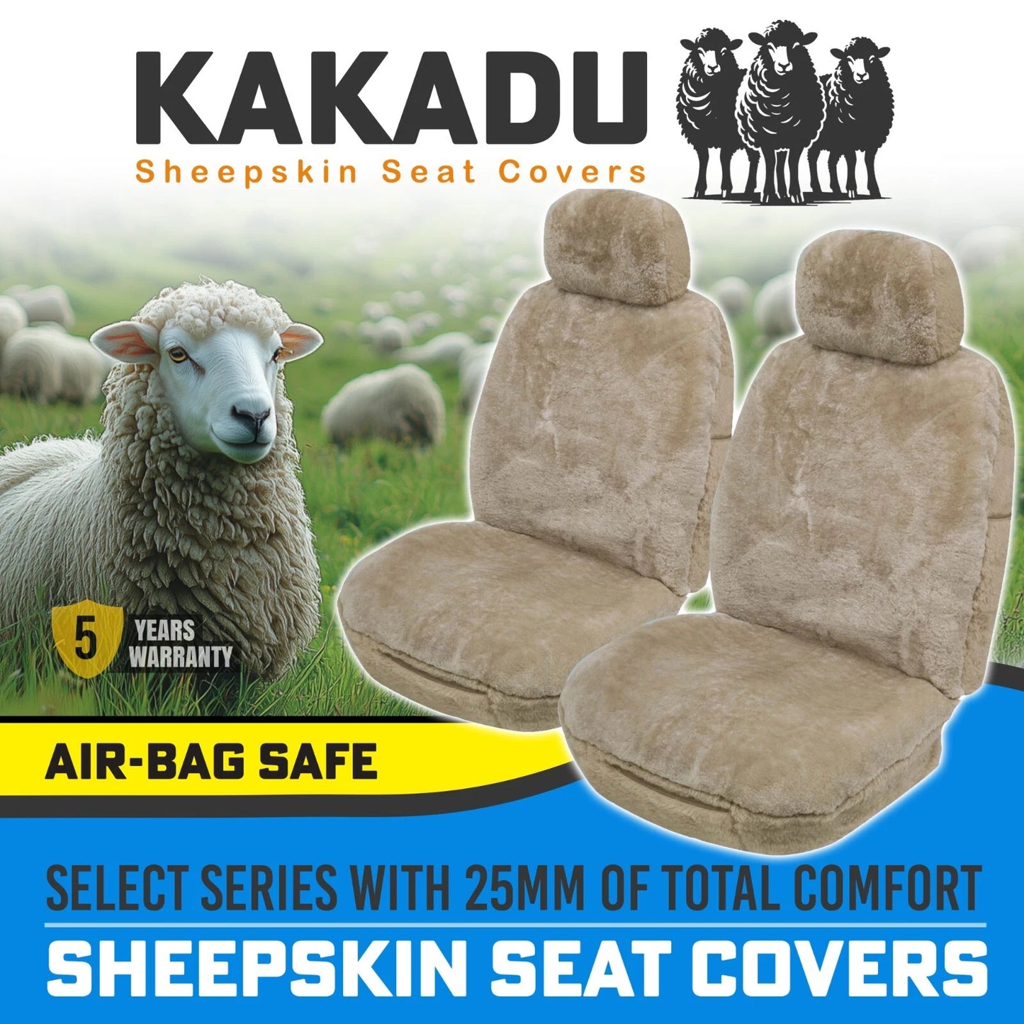 KAKADU Select Front Sheepskin Seat Covers 5 Year Warranty 25mm AIR-BAG in MOCHA