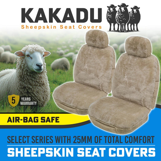 KAKADU Select Front Sheepskin Seat Covers 5 Year Warranty 25mm AIR-BAG in MOCHA