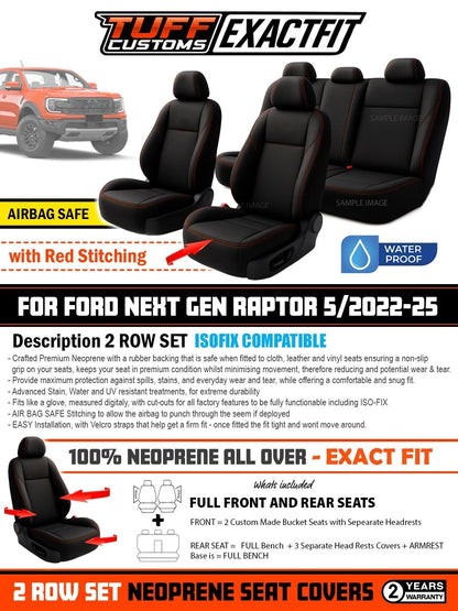 TUFF Customs EXACTFIT Neoprene Seat Covers FORD NEXT GEN RAPTOR 2022-2025 RED STITCH 2 Rows