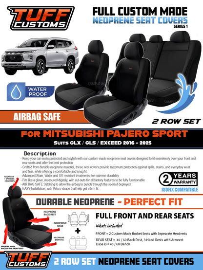 TUFF Customs S1 Neoprene Seat Covers 2 Rows For Mitsubishi Pajero Sport GLX GLS GSR EXCEED 1/2016-2024