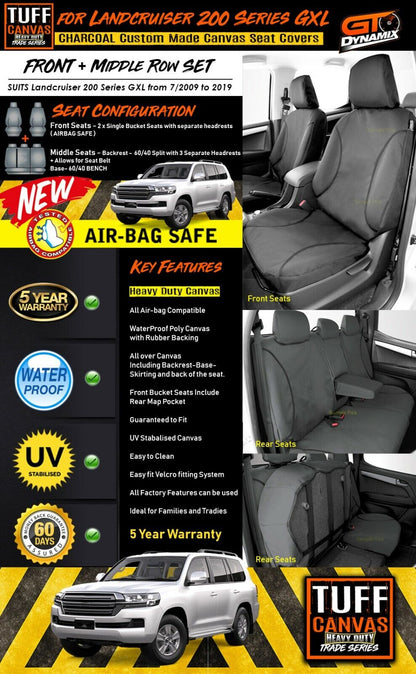 TUFF HD TRADE Canvas Seat Covers 2 Rows For Toyota Landcruiser 200 Series GXL 2009-2200 Charcoal
