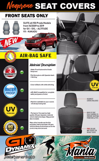 Manta Neoprene Front Seat Covers For Toyota Prado 150 2009-5/2021