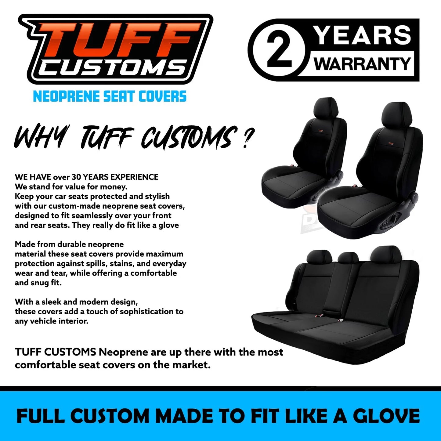 Tuff Customs Neoprene Seat Covers For Nissan Navara D23 NP300 S5 ST ST-X 10/2000-2025 2 Rows Black