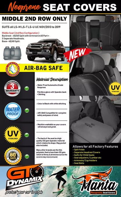 Manta Neoprene Middle Row Seat Covers For Isuzu MU-X LSM UC 2013-6/2021