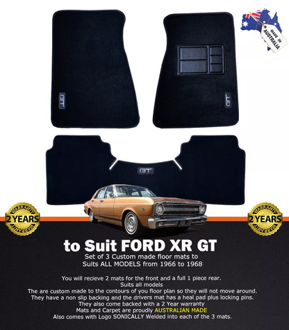 Custom Made Floor Mats 2 Rows for Ford XR GT Falcon 1966-68 3 Piece Set with LOGO BLACK