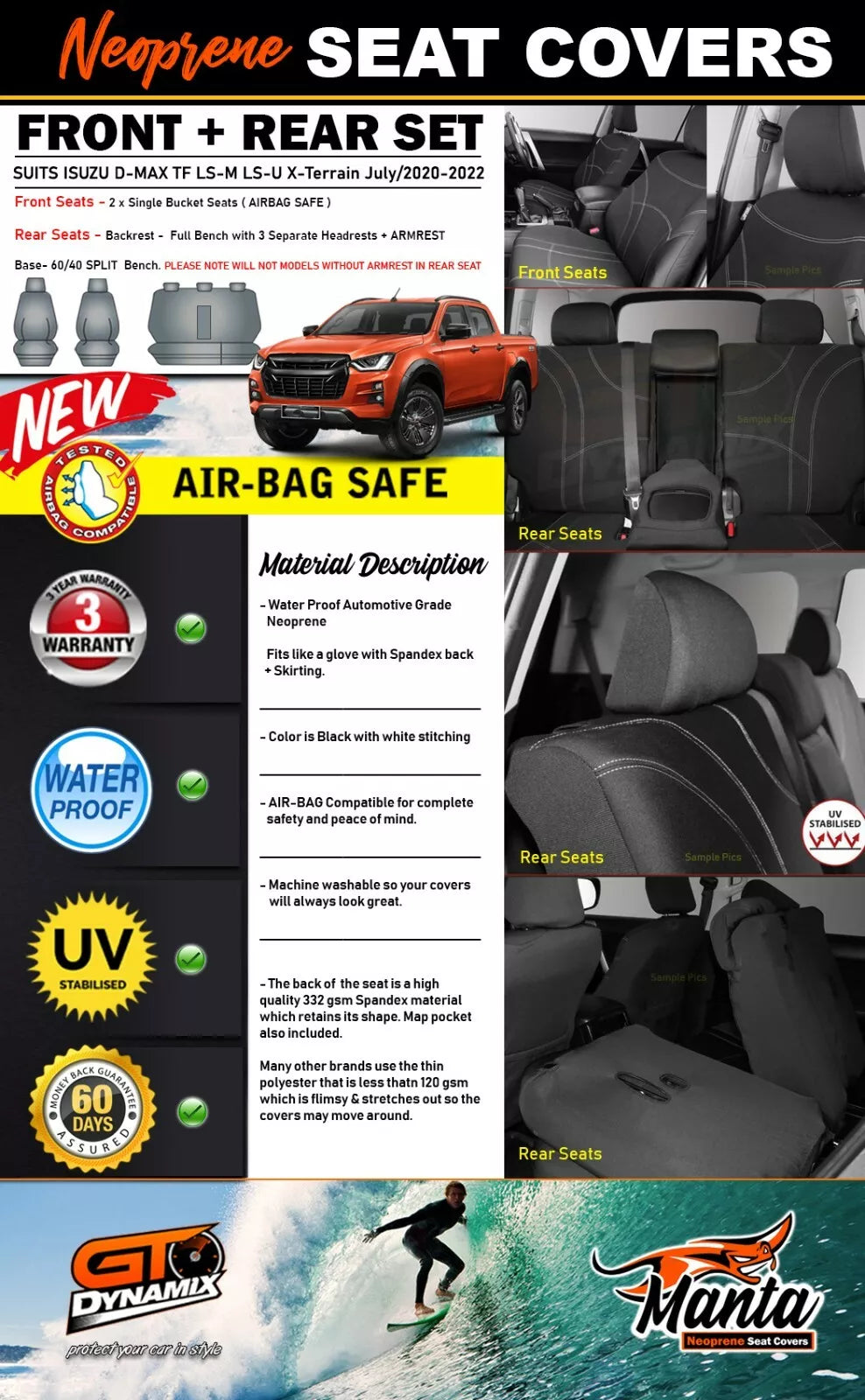 Manta Neoprene 2 Rows Seat Covers For Isuzu TF Dmax D-Max LS-M LS-U 7/2020-2025