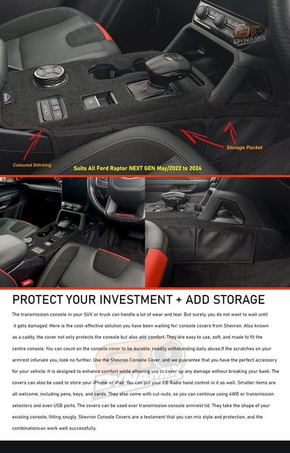 Shevron Transmission Console Cover + Red Stitching For Ford Ranger Wildtrak Sport Small Gear Selector 5/2022-2024
