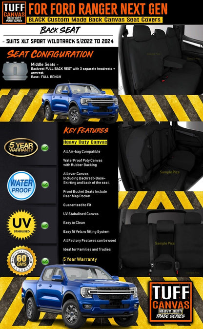 Tuff HD TRADE Canvas Seat Covers 2 Row + Dash Mat For Ford Ranger Next Gen XLT XLS DM1650 Black