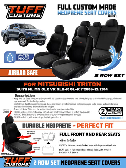 TUFF Customs S1 Neoprene Seat Covers 2 Rows For Mitsubishi Triton MN ML Dual Cab GLS GLX-R 2R 2006-2015