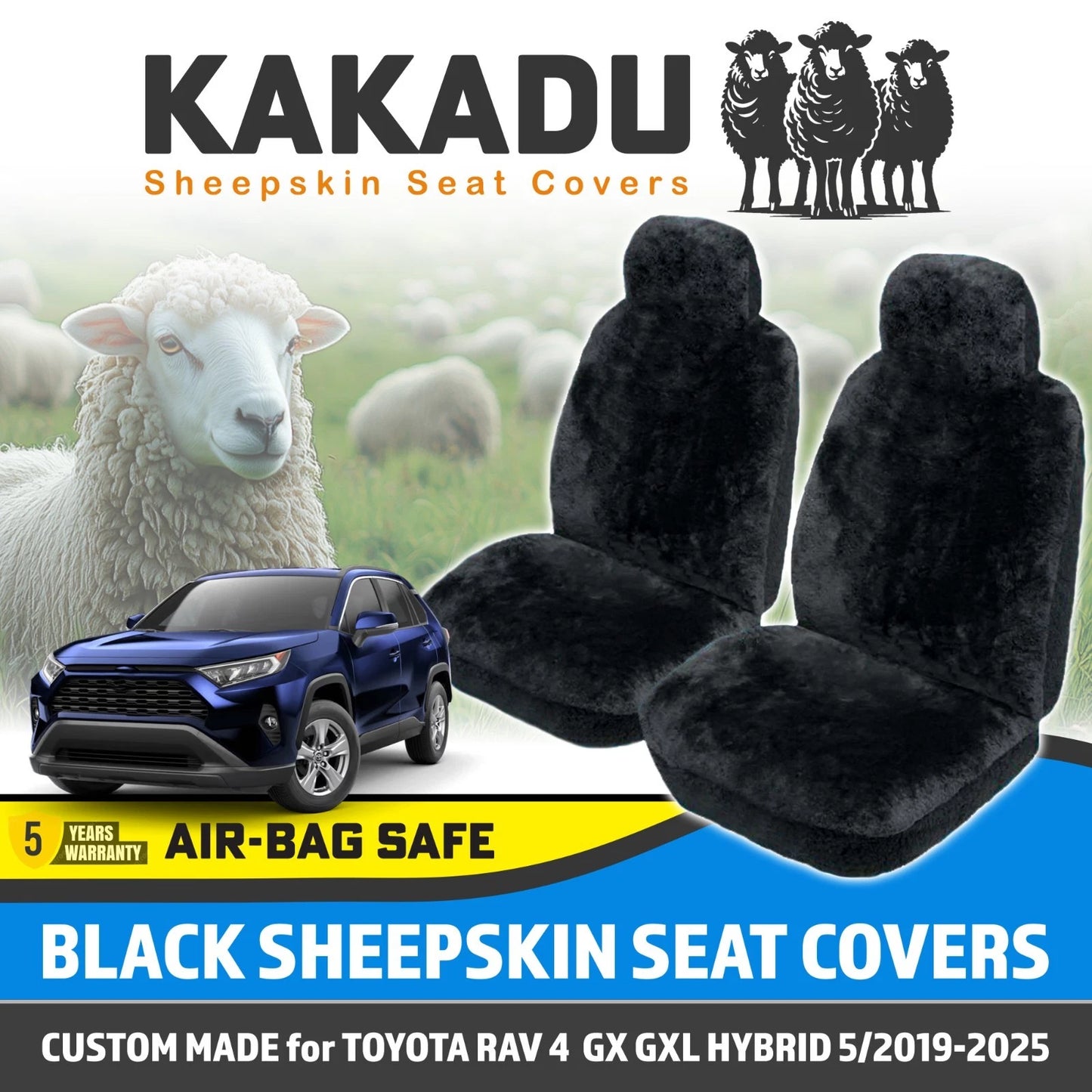 BLACK Custom KAKADU Sheepskin Seat Covers for Toyota Rav 4 50 Series GXL Hybrid 2019-2025