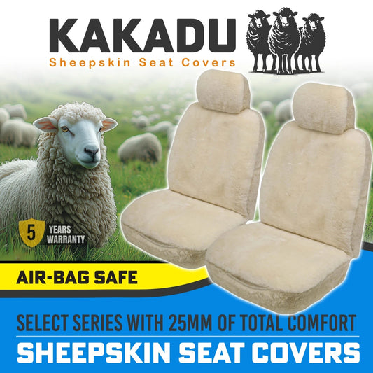 KAKADU Select Front Sheepskin Seat Covers 5 Year Warranty 25mm AIR-BAG in IVORY
