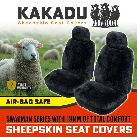 KAKADU Swagman Front Sheepskin Seat Covers 2 Year Warranty 19mm AIRBAG BLACK