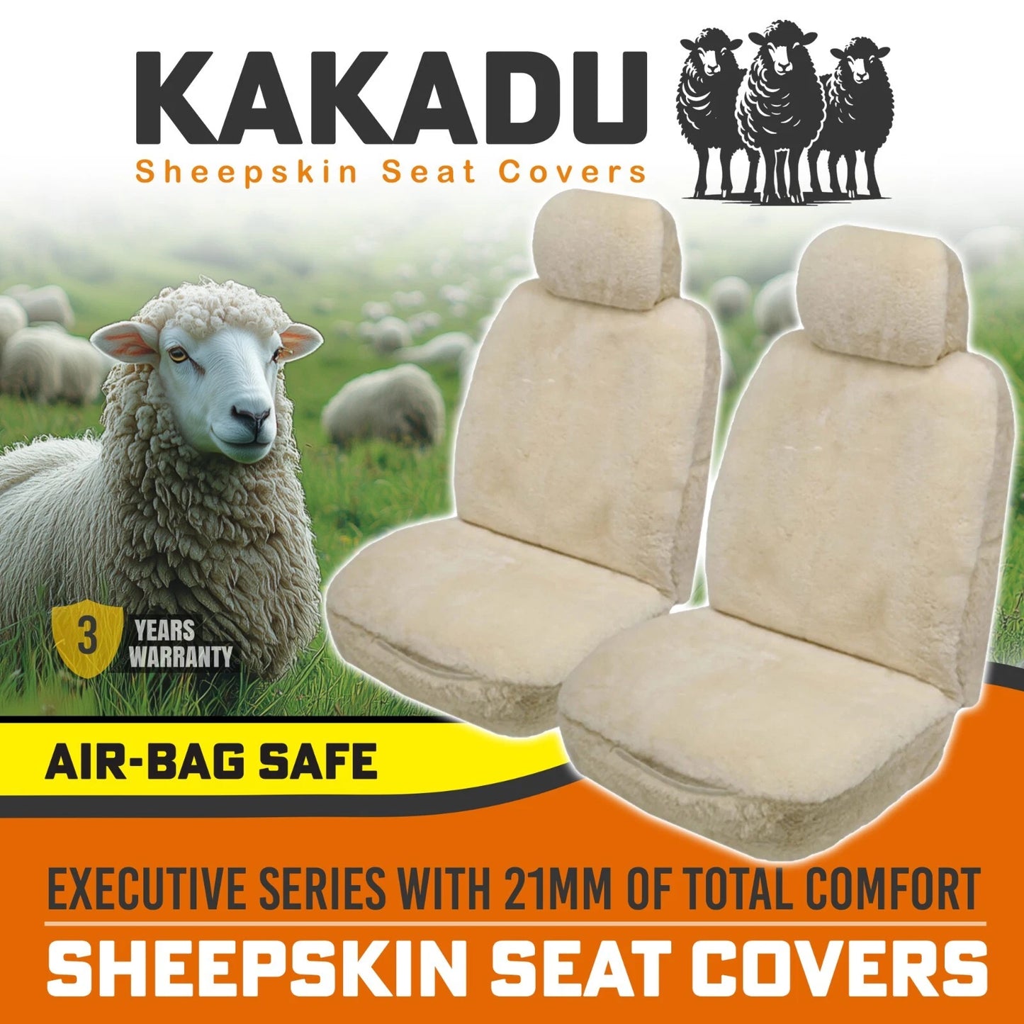 KAKADU Executive Front Sheepskin Seat Covers 3 Year Warranty 21mm AIR-BAG IVORY