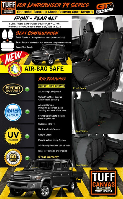 TUFF HD TRADE Canvas Seat Covers 2 Rows For Toyota Landcruiser 79 VDJ79R GXL 2016-2023 Charcoal
