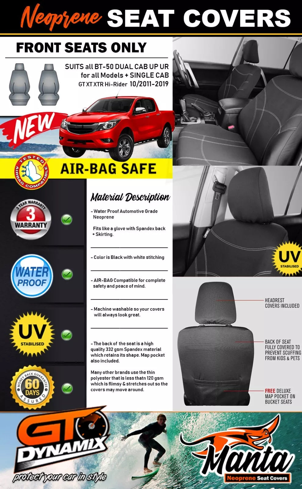 Manta Neoprene Front Seat Covers For Mazda BT-50 UP UR XTR GT 6/2011-6/2020
