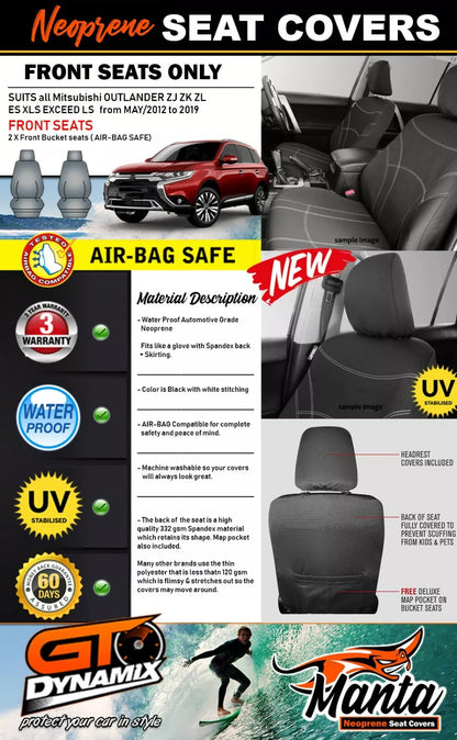Manta Neoprene Front Seat Covers For Mitsubishi OUTLANDER ZJ ZK 11/2012-11/2017
