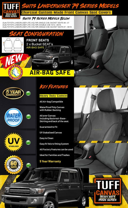 TUFF HD TRADE Canvas Seat Covers Front For Toyota Landcruiser 79 Series VDJ79R 2007-2016 Charcoal
