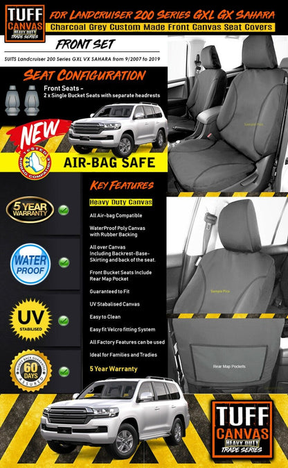 TUFF HD TRADE Canvas Seat Covers Front For Toyota Landcruiser 200 Series GXL VX 2007-2019 Charcoal