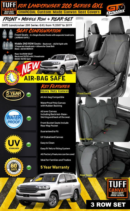 TUFF HD TRADE Canvas Seat Covers 3 Rows For Toyota Landcruiser 200 Series 2009-2020 Charcoal
