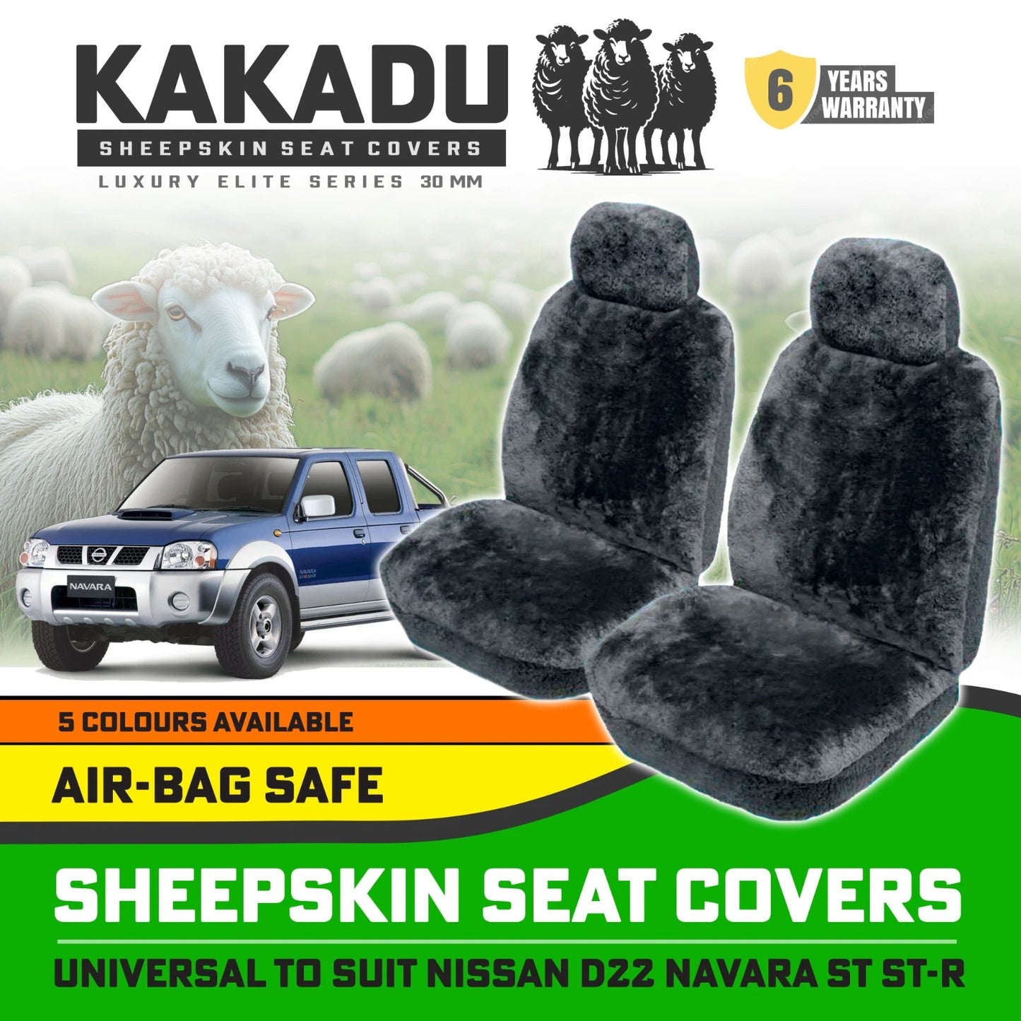 KAKADU Luxury Sheepskin Seat Covers Suits Nissan Navara D22 30mm 5 Colours 6YRW