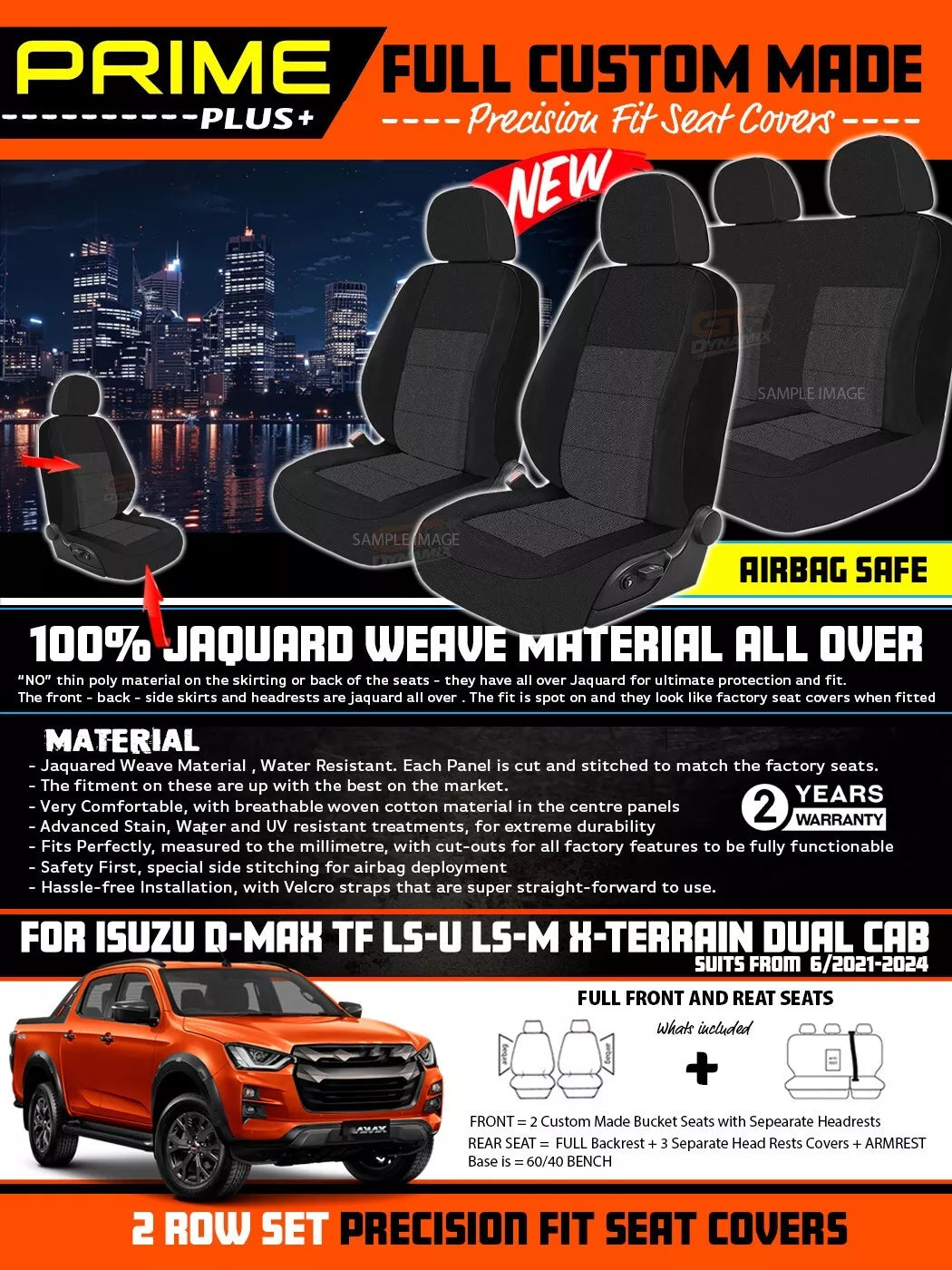 PRIME PLUS Seat Covers 2 Rows Black For Isuzu Dmax D-Max TF LS-U LS-M X-Terrain 6/2021-2025