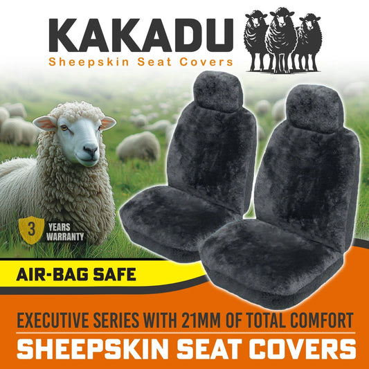 KAKADU Executive Front Sheepskin Seat Covers 3 Year Warranty 21mm AIRBAG CHARC