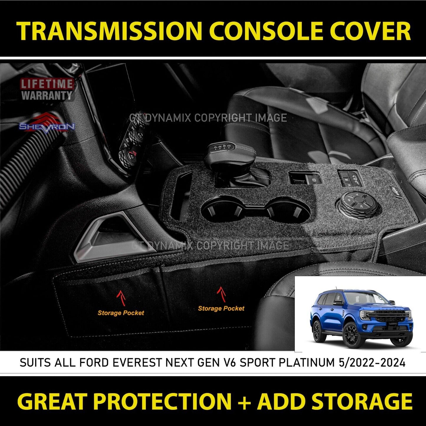 Shevron Transmission Console Cover + Blue Stitching For Ford Ranger Wildtrak Sport Small Gear Selector 5/2022-2024