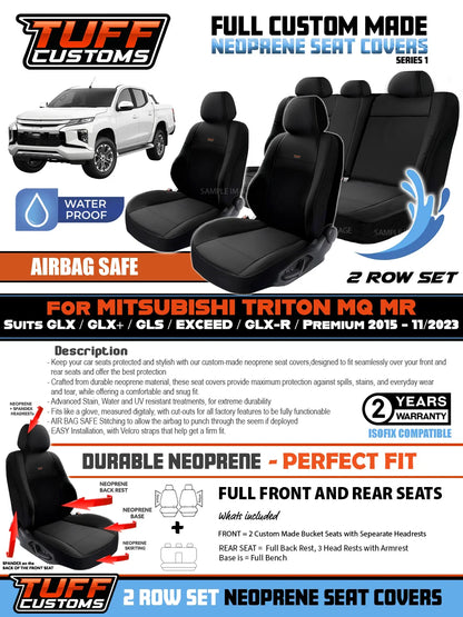 TUFF Customs S1 Neoprene Seat Covers For Mitsubishi Triton MQ MR Dual CAB GLS GLR GLX 1/2015-2023 2 Rows Black