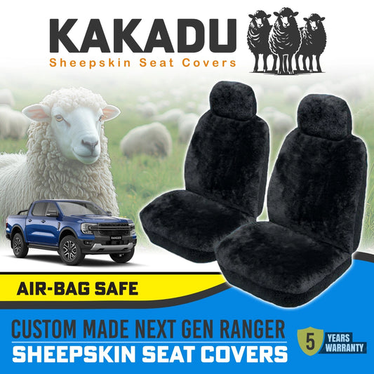 Custom KAKADU Sheepskin Seat Covers FORD RANGER NEXT GEN XL XLT XLS 2022-2025 BLACK