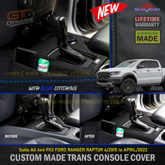 Shevron Transmission Console Cover + Blue Stitching For Ford Ranger PX2 PX3 4WD 6/2015-4/2022