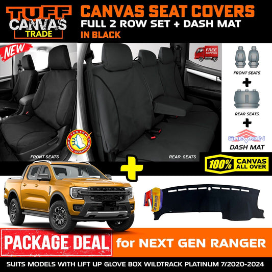 Tuff HD TRADE Canvas Seat Covers 2 Row + Dash Mat For Ford Ranger Next Gen WILDTRACK DM1652 Black