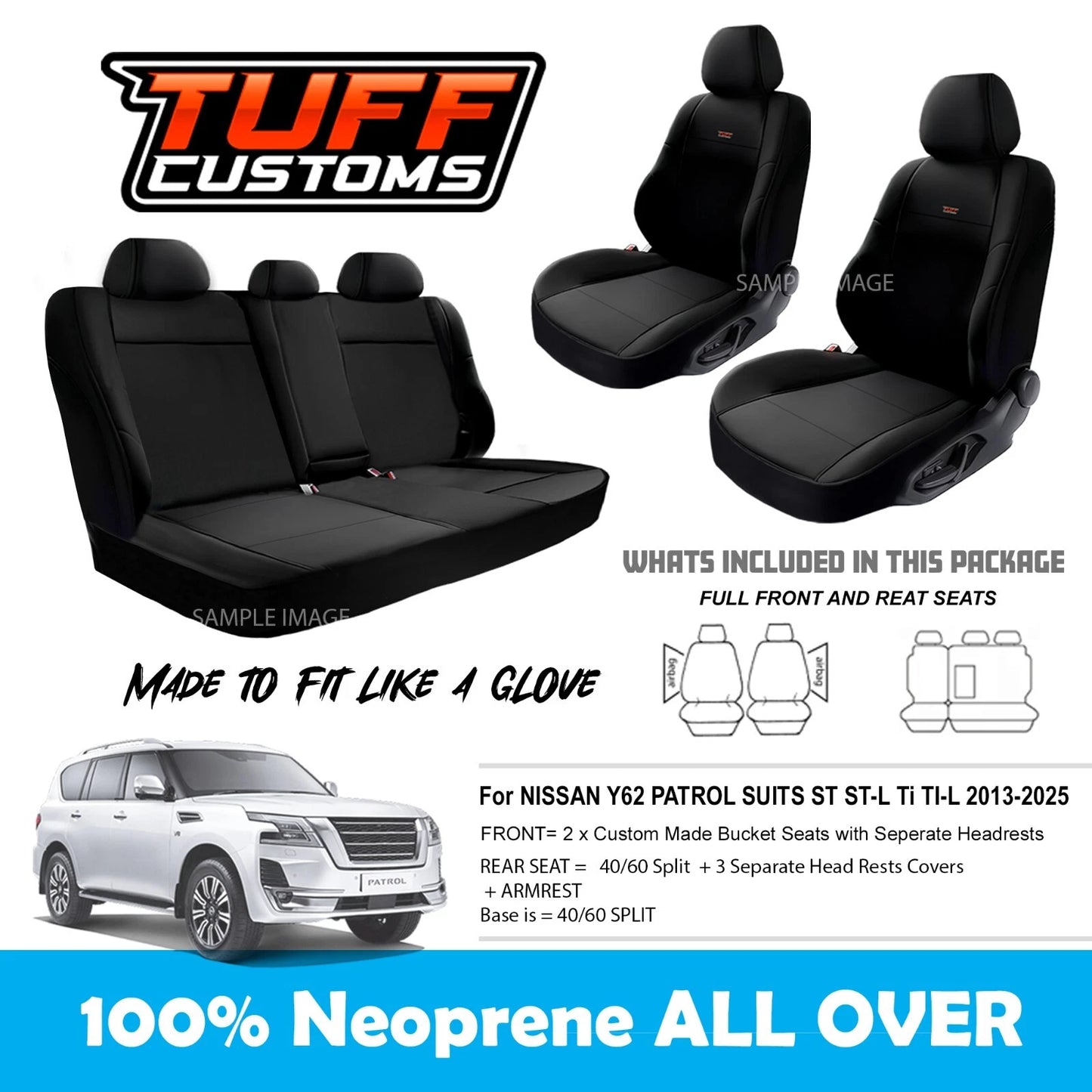 TUFF Customs Neoprene Seat Covers 2 Rows For Nissan Y62 PATROL TI TI-L ST 2013-2024