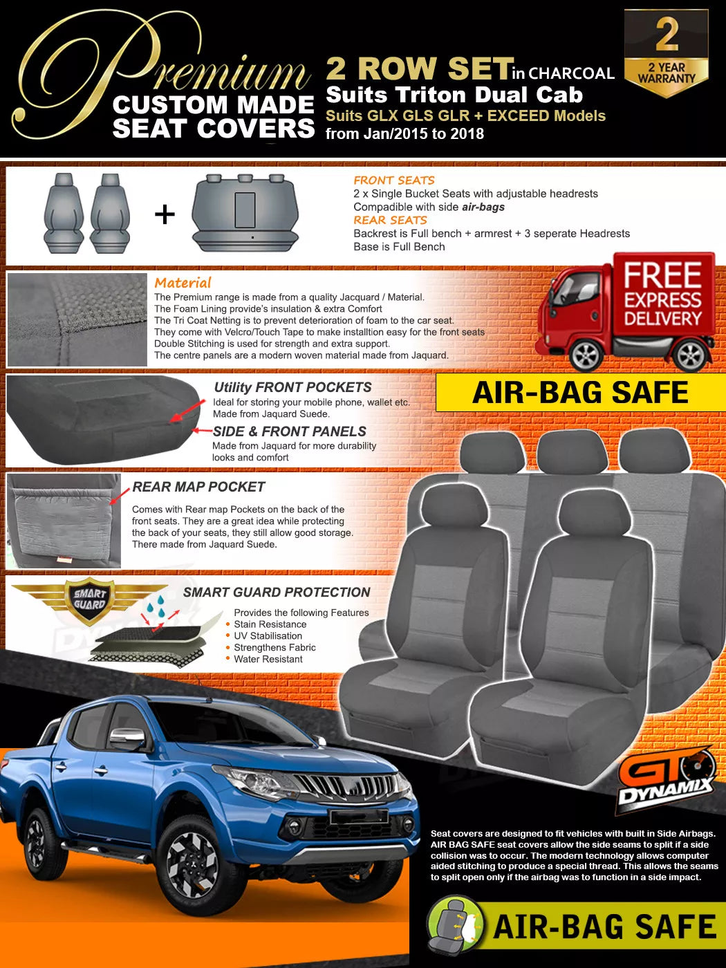 Premium Seat Covers 2 Rows Charcoal Grey For Mitsubishi Triton MQ MR GLX GLS GLX+ 2015-2023