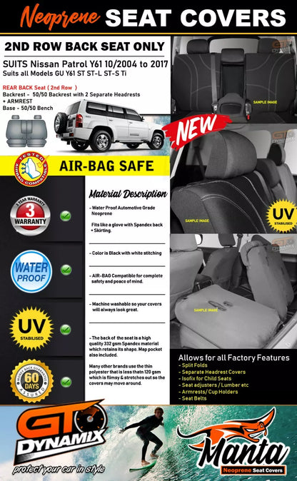 Manta Neoprene 2nd Row Seat Covers For Nissan Patrol Y61 ST ST-S Ti 10/2004-2017