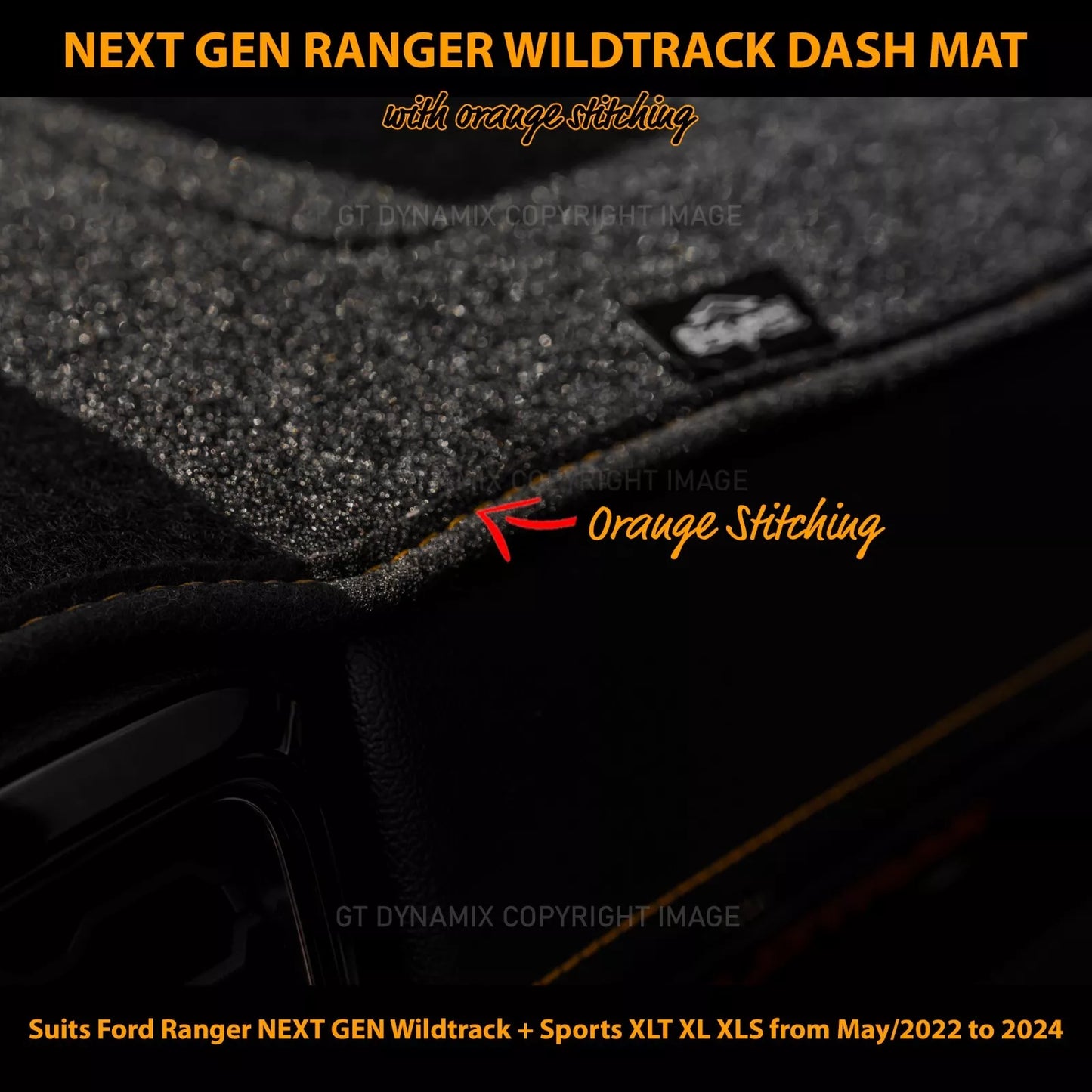 Shevron Black Dash Mat with Orange Stitching For Ford NEXT GEN Ranger Wildtrak Raptor & Platinum w/ In Dash Glove Box 5/2022-2025 DMO1652